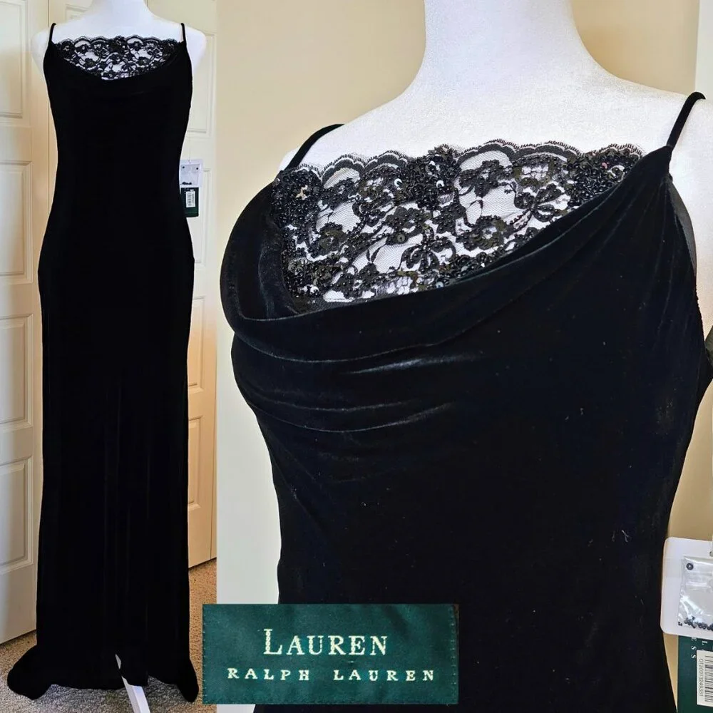 Lauren Ralph Lauren Black Velvet Lace Beaded Gown Dress Size 4 NWT Y2K - Picture 1 of 7
